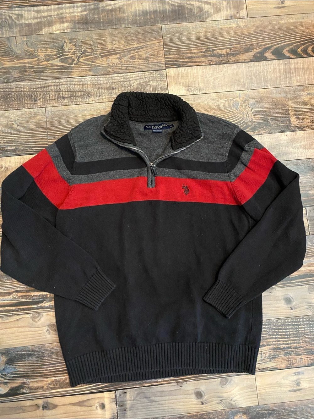U.S. Polo Assn. Black, Gray & Red Half-Zip Striped Sweater - Picture 3 of 4